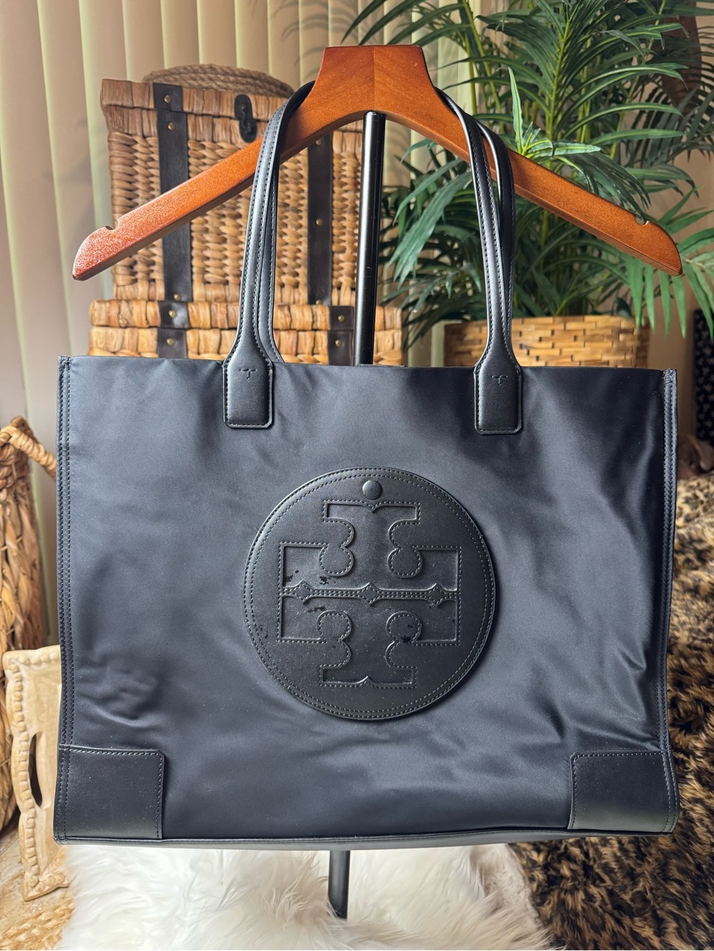 Tory Burch Black Nylon Ella Tote with black Leather Trim - Picture 2 of 7